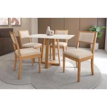 Conjunto Mesa Elma Premium Madeira Maciça c/ Tampo Madeirado c/ Vidro 120x80cm e 4 Cadeiras Alice Carvalho/Off White - Linho Bege Argila Kappesberg