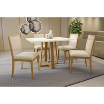 Conjunto Mesa Elma Premium Madeira Maciça c/ Tampo Madeirado c/ Vidro 120x80cm e 4 Cadeiras Lara Carvalho/Off White - Linho Bege Argila Kappesberg Conjunto Mesa Elma Premium Madeira Maciça c/ Tampo Madeirado c/ Vidro 120x80cm e 4 Cadeiras Lara Carvalho/Off White - Linho Bege Argila Kappesberg