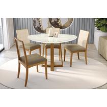 Conjunto Mesa Elma Premium Madeira Maciça c/ Tampo Madeirado c/ Vidro 135x105cm e 4 Cadeiras Lara Carvalho/Off White - Boucle Bege Fendi Kappesberg Conjunto Mesa Elma Premium Madeira Maciça c/ Tampo Madeirado c/ Vidro 135x105cm e 4 Cadeiras Lara Carvalho/Off White - Boucle Bege Fendi Kappesberg