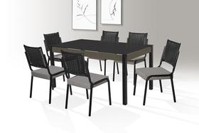 Conjunto Mesa Facinare 1,60X0,90 VD SERIG-6 CAD.RAINHA JUNCO - CARVALHO - VIDRO PRETO - TUBO PRETO