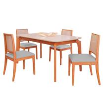 Conjunto Mesa Ficus 1,30 com 4 Cadeiras Buriti MDF e Conforto Madeira/Off White/Linho Cinza
