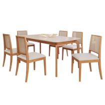Conjunto Mesa Ficus 1,80 com 6 Cadeiras Buriti Ideal para Família Madeira/Off White/Linho Cru Conjunto Mesa Ficus 1,80 com 6 Cadeiras Buriti Ideal para Família Madeira/Off White/Linho Cru