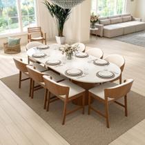 Conjunto Mesa Flórida 250x108cm C/ Vidro + 8 Cadeiras Barcelona Assento Estof. Linho Bege Mescla Impermeável
