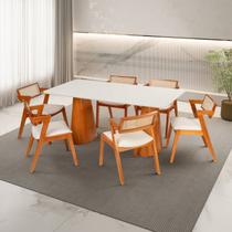 Conjunto Mesa Fortaleza com 6 Cadeiras Madeira Maciça, Rattan 100% Natural e Estofada Verona
