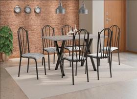 Conjunto Mesa Granito 1,40cm Cromo Preto com 6 Cadeiras (021) Linho DEISE - ARTEFAMOL 6772