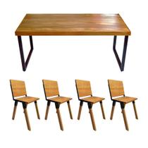 Conjunto Mesa Industrial Bernardo Madeira Maciça 1,30mx80cm C/ Ferragem Preta e 4 Cadeiras Detroit