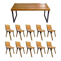 Conjunto Mesa Industrial Bernardo Madeira Maciça 2,50mx100cm C/ Ferragem Preta e 10 Cadeiras Detroit