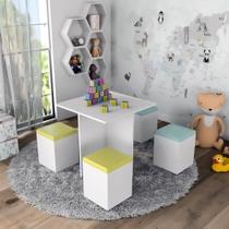 Conjunto Mesa Infantil Com 4 Banquetas Funny Branco e Azul Amarelo