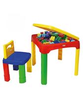 Conjunto mesa infantil com bau e blocos de montar 26 pçs