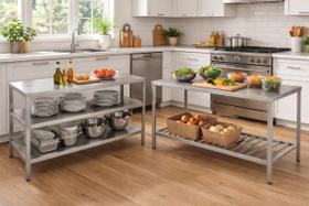 Conjunto Mesa Inox 304 Tripla 91cm E Paneleira 90cm Aço Inoxidável Uso Profissional