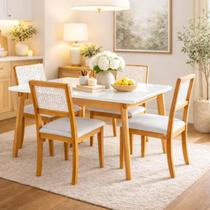 Conjunto Mesa Jade 1,20m com 4 Cadeiras Rubi Madeira e Linho Bege Conjunto Mesa Jade 1,20m com 4 Cadeiras Rubi Madeira e Linho Bege