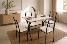 Conjunto Mesa Jantar 4 Lugares Belize Base Nexus Aço com 4 Cadeiras Cor:Preto Off White Conjunto Mesa Jantar 4 Lugares Belize Base Nexus Aço com 4 Cadeiras Cor:Preto Off White