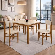 Conjunto Mesa Jantar Base Madeira Maciça com 4 Cadeiras Elisa Ideal para Apto 90x90 OffWhite
