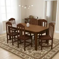 Conjunto Mesa Jantar com 6 Cadeiras Madeira Maciça Castanho Conjunto Mesa Jantar com 6 Cadeiras Madeira Maciça Castanho