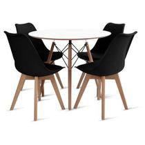 Conjunto Mesa Jantar Eames Branca 110cm Redonda e 4 Cadeiras Saarinen Pretas Polipropileno Assentos Estofados, Eventos e Áreas de Lazer