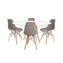 Conjunto Mesa Jantar Eames Branca 90cm e 4 Cadeiras PP Cinza Pés Madeira Resistente Elegante para Sala de Jantar e Eventos Conjunto Mesa Jantar Eames Branca 90cm e 4 Cadeiras PP Cinza Pés Madeira Resistente Elegante para Sala de Jantar e Eventos