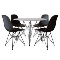 Conjunto Mesa Jantar Eames Redonda Branca 110cm Com 4 Cadeira Pretas Base Ferro Preto