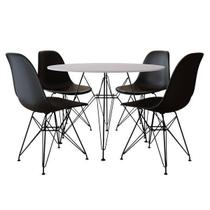 Conjunto Mesa Jantar Eames Redonda Branca 90cm com 4 Cadeira Pretas Base Ferro Preto