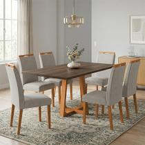 Conjunto Mesa Jantar Julia 1,6m Freijó Pés Cerejeira 6 Cadeiras Heloísa Almofadada - Bege Linho Conjunto Mesa Jantar Julia 1,6m Freijó Pés Cerejeira 6 Cadeiras Heloísa Almofadada - Bege Linho