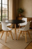 Conjunto Mesa Jantar Redonda Eiffel 100cm MDF Preto e Com 04 Cadeiras Leda Wood Branca
