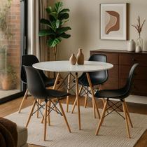 Conjunto Mesa Jantar Sala Redonda Eiffel 80cm Branca MDF e 4 cadeiras Charles Eames Preto