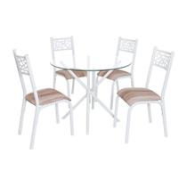 Conjunto mesa jogo sala jantar ciplafe jade slim 4 cadeiras tubo branco tampo vidro incolor 0,90m redondo