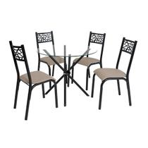 Conjunto mesa jogo sala jantar ciplafe jade slim 4 cadeiras tubo preto fosco tampo vidro incolor 0,90m redondo assento estofado