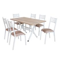 Conjunto mesa jogo sala jantar ciplafe jade tampo madeira bp carvalho montreal 1,36m x 0,80m retangular com 6 cadeiras tubo branco assento estofado Conjunto mesa jogo sala jantar ciplafe jade tampo madeira bp carvalho montreal 1,36m x 0,80m retangular com 6 cadeiras tubo branco assento estofado