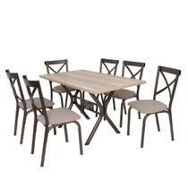Conjunto mesa jogo sala jantar ciplafe karina 6 cadeiras tubo branco tampo madeira bp carvalho montreal 1,36m assento estofado