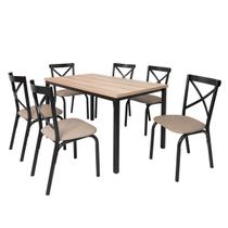 Conjunto mesa jogo sala jantar ciplafe karina flex 6 cadeiras tubo preto fosco tampo madeira bp carvalho montreal 1,36m assento linho bege