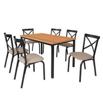 Conjunto mesa jogo sala jantar ciplafe karina flex 6 cadeiras tubo preto fosco tampo madeira bp freijo 1,36m assento estofado Conjunto mesa jogo sala jantar ciplafe karina flex 6 cadeiras tubo preto fosco tampo madeira bp freijo 1,36m assento estofado