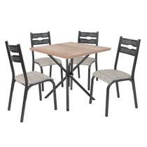 Conjunto mesa jogo sala jantar ciplafe luna slim tampo madeir carvalho montreal 0,75m quadrado 4 cadeiras tubo craqueado preto assento estofado