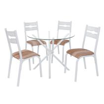 Conjunto mesa jogo sala jantar ciplafe luna slim tampo vidro incolor 0,90m redondo com 4 cadeiras tubo branco assento estofado