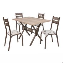 Conjunto mesa jogo sala jantar ciplafe luna tampo madeira bp carvalho montreal 1,20m x 0,80m retangular com 4 cadeiras tubo bronze assento estofado