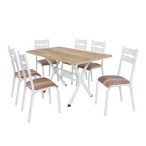 Conjunto mesa jogo sala jantar ciplafe luna tampo madeira bp carvalho montreal 1,36m x 0,80m retangular com 6 cadeiras tubo branco assento estofado