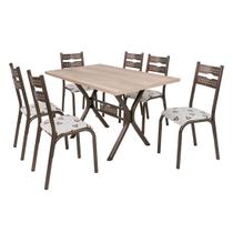 Conjunto mesa jogo sala jantar ciplafe luna tampo madeira bp carvalho montreal 1,36m x 0,80m retangular com 6 cadeiras tubo bronze assento estofado Conjunto mesa jogo sala jantar ciplafe luna tampo madeira bp carvalho montreal 1,36m x 0,80m retangular com 6 cadeiras tubo bronze assento estofado