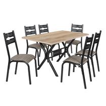 Conjunto mesa jogo sala jantar ciplafe luna tampo madeira carvalho montreal 1,36m x 0,80m retangular 6 cadeiras tubo craqueado preto assento estofado