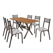 Conjunto Mesa Jogo Sala Jantar Jade 6 Cadeiras Tubo Bronze Tampo Madeira bp Amendoa 1,36m x 0,80m Retangular Assento Estofado Conjunto Mesa Jogo Sala Jantar Jade 6 Cadeiras Tubo Bronze Tampo Madeira bp Amendoa 1,36m x 0,80m Retangular Assento Estofado