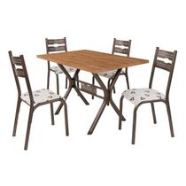 Conjunto Mesa Jogo Sala Jantar Luna Tampo Madeira bp Amendoa 1,20m x 0,80m Retangular Com 4 Cadeiras Tubo Bronze Assento Estofado