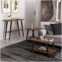 Conjunto Mesa Lateral Centro e Aparador Davi Freijo com Pés em Madeira Preto - Ofertamo