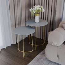 Conjunto Mesa Lateral de Canto Trude 55cm X 45cm Cinza Cristal/Dourado