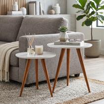 Conjunto Mesa Lateral Rubi com 2 Mesas Tampo Redondo e Pés Palito para Sala de Estar e Sofá - Branco Conjunto Mesa Lateral Rubi com 2 Mesas Tampo Redondo e Pés Palito para Sala de Estar e Sofá - Branco