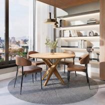 Conjunto Mesa Lisboa Tampo Redondo Madeira Maciça 4 Cadeiras Bless Estofadas Marrom Yescasa