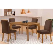 Conjunto Mesa Londrina c/ Tampo Madeirado Canto Curvo 120x90cm e 4 Cadeiras Dakota Madeira Maciça Naturale - Capuccino/Suede Marrom-Rufato Conjunto Mesa Londrina c/ Tampo Madeirado Canto Curvo 120x90cm e 4 Cadeiras Dakota Madeira Maciça Naturale - Capuccino/Suede Marrom-Rufato