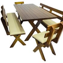 Conjunto Mesa Madeira Maciça Para Churrasco Imbuia + 4 Bancos Estofados Conjunto Mesa Madeira Maciça Para Churrasco Imbuia + 4 Bancos Estofados