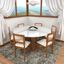 Conjunto Mesa Madri Ø150cm C/ Vidro + 6 Cadeiras Lyon Telinha Natural Assento Estofado Corano Bege