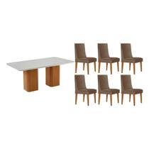Conjunto Mesa Maldivas c/ Tampo Madeirado c/ Vidro Canto Curvo 180X90cm e 6 Cadeiras Dakota Naturale/Off White - Corano Capuccino-Rufato