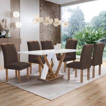 Conjunto Mesa Manuela 160cm com 6 Cadeiras Arizona Tampo Dakota Plus com Vidro Chocolate/Off White/Veludo Marrom