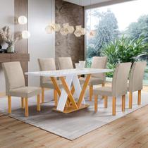 Conjunto Mesa Manuela 160cm com 6 Cadeiras Canela Tampo Dakota Plus com Vidro Cinamomo/Off White/Bege