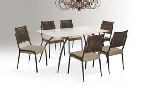 Conjunto Mesa Marcato 1,60X0,90 VD SERIG- 6 CAD.REALE JUNCO MARROM VIDRO OFF WHITE - TUBO CHOCOLATE